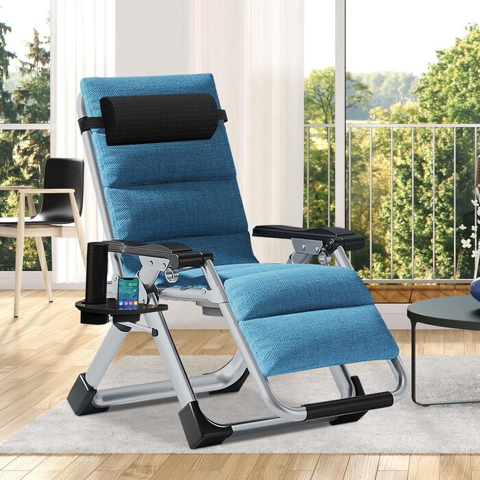 Шезлонг для відпочинку, розкладний, 200 кг, Zero Gravity, з подушкою, підстаканником, широкий, регульований, для саду, патіо, пляжу, басейну (блакитний)