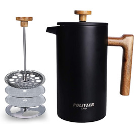 Кавоварка Poliviar French Press об'ємом 1 літр / 8 чашок, кавоварка з подвійними стінками і кавоварка з ізоляцією, ручний фільтр для кави