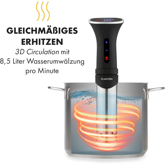 Klarstein Sous Vide Garer: Електричний су-від прилад, 1200W, 20-95°C, таймер, керування через додаток, сенсорний дисплей, 3D циркуляція, для посуду 10-15 літрів, нержавіюча сталь, чорний