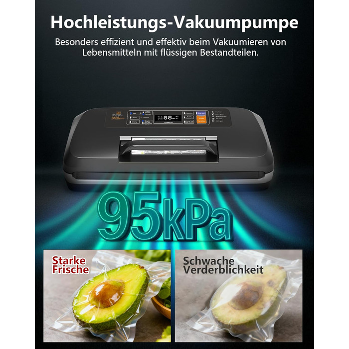 Вакууматор для продуктів 12-в-1, вакуумний пакувальник з подвійним швом, вбудованим різаком та лотком для збору рідини, 95кПа, чорний