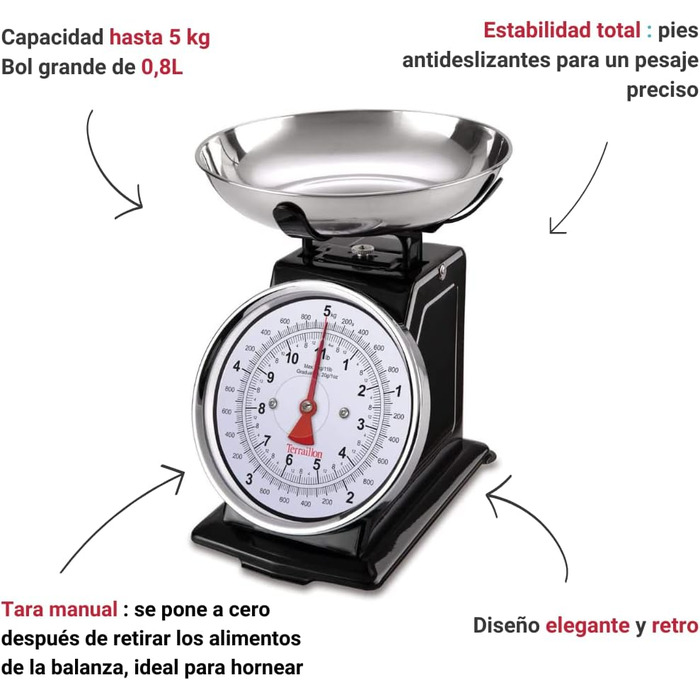 Вінтажні кухонні ваги TERRAILLON ручна тара, великий циферблат і чаша 1 л, діапазон зважування 5 кг модель 'Tradition 500 Black