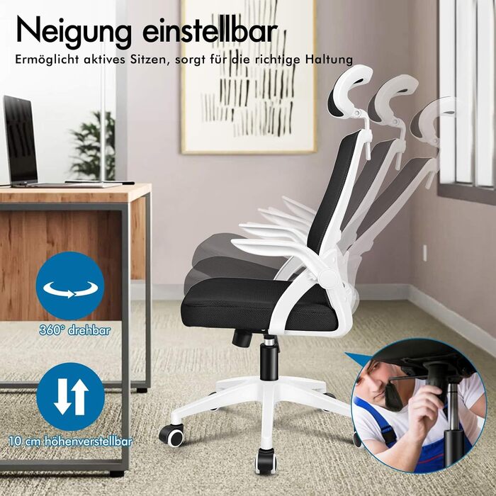 Офісний крісло ALFORDSON з динамічною підтримкою попереку, регульоване, з відкидними підлокітниками, чорне (Arc - Біле)