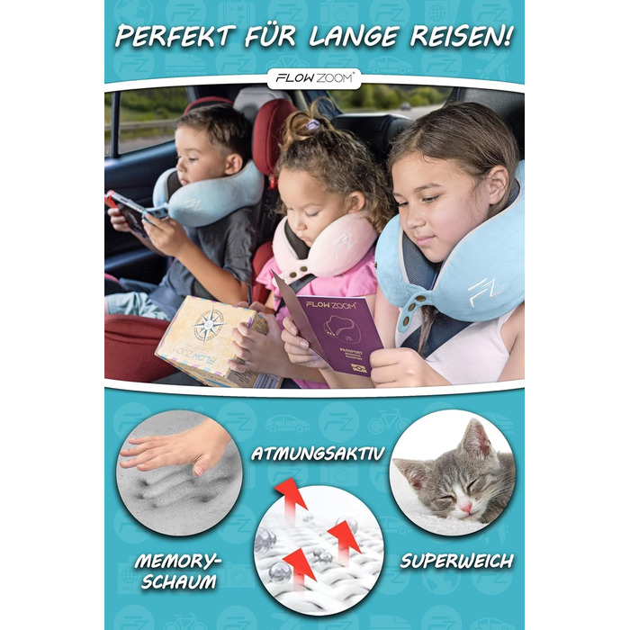 Подушка для шиї FlowZoom Comfy - для автомобіля та літака, з Memory Foam, регульована, 360° підтримка, дихаючий чохол, чорна (також є блакитна модель Comfy Kids S)