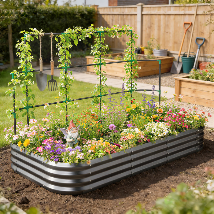 Підвищене грядка з шпалерою, металевий ящик для рослин з захисним бордюром та рукавичками, 220 x 110 x 150 см, темно-сірий