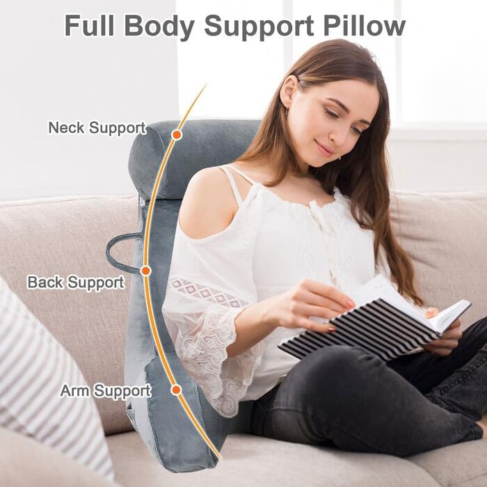 Подушка для читання Mingfuxin для ліжка, дивана, підлоги: знімний валик для шиї та підлокітником для підтримки спини, сіра