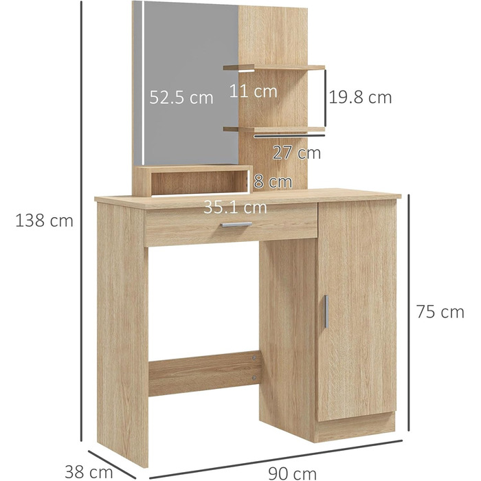 Туалетний столик HOMCOM з шафою, дзеркалом, ящиком і полицями, 90x38x138 см, Клен