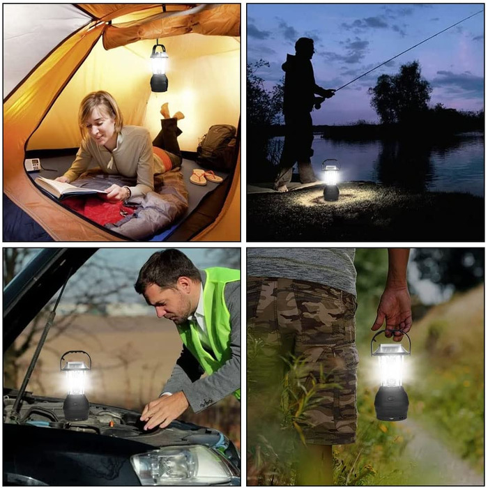 Світлодіодна лампа Flintronic для кемпінгу, 1000 люмен, портативна акумуляторна лампа, 6 режимів освітлення Світлодіодний ліхтар, водонепроникний прожектор з USB-кабелем, акумулятор ємністю 3600 мАг для кемпінгу, нічної риболовлі, полювання (5 Чорна соняч