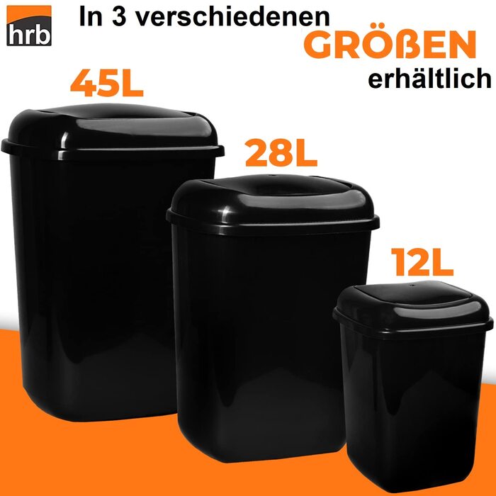 Відро для сміття HRB об'ємом 45 л, блискуче чорне з відкидною кришкою, контейнер з жорсткого пластика, кухонний контейнер для корму (28 літрів)
