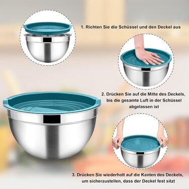 Набір мисок Homikit, 5 шт. з нержавіючої сталі, з кришкою та силіконовим дном, мультифункціональний, для салатів, 6.6L / 3.5L / 2.5L / 1.5L / 1L (блакитний, з 3 тертками)
