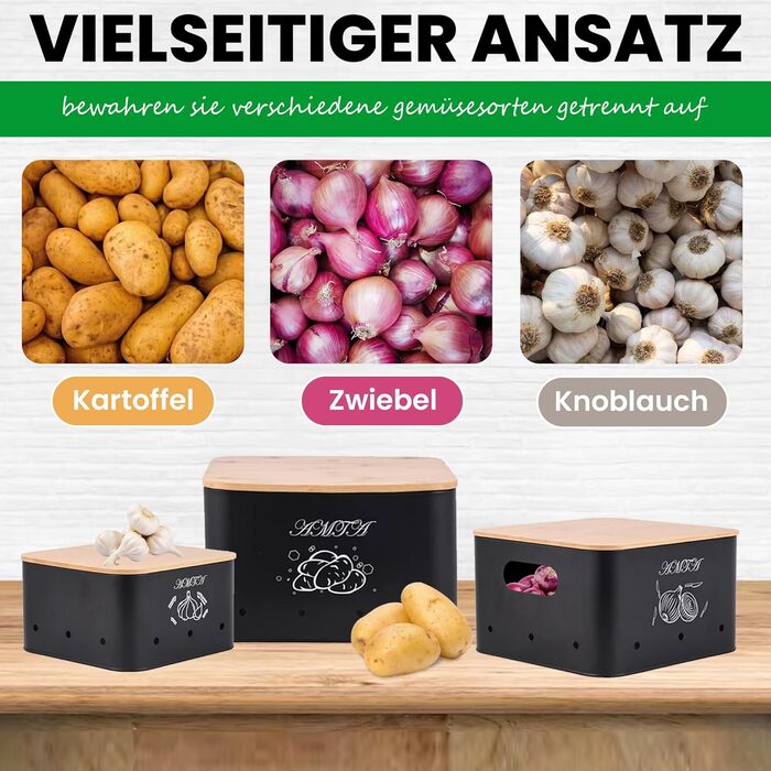 Набір контейнерів для зберігання картоплі, цибулі та часнику (3 шт) – Преміум-контейнери з циркуляцією повітря, вінтажний стиль, чорний колір
