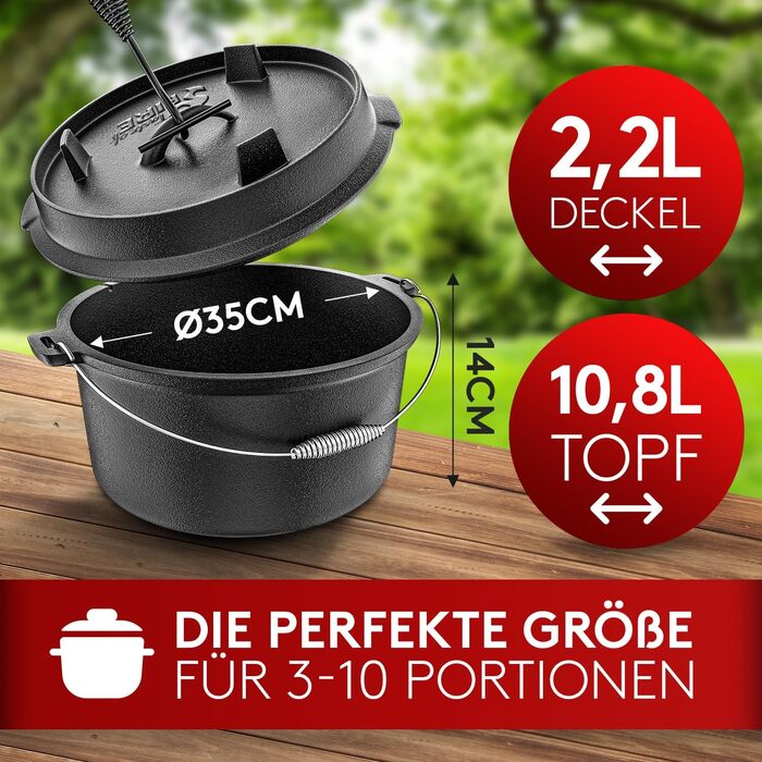 Набір чавунного казана BBQ Dutch Oven [Das Original] 10,8 л з підставкою та кришкою-гриль 2,2 л, піднімачем та електронною книгою рецептів
