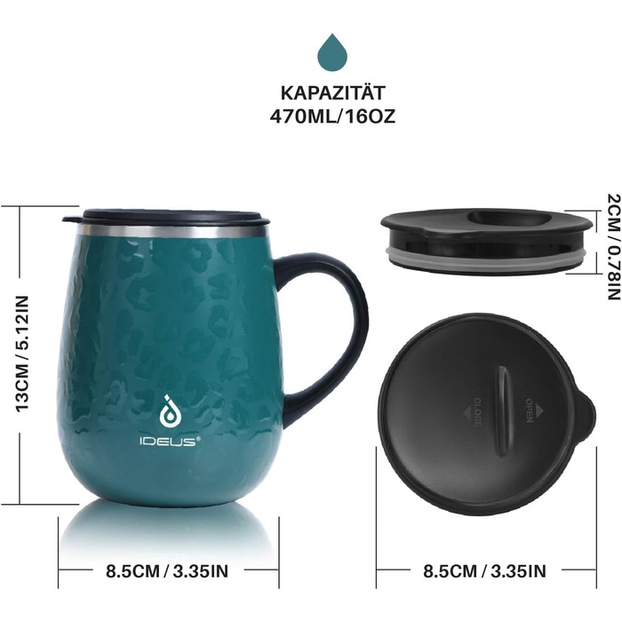 Кружка для кави та чаю Ideus 470 мл з подвійними стінками, нержавіюча сталь, з нековзним ручним тримачем та кришкою-висувним модулем (Трав'яний зелений)