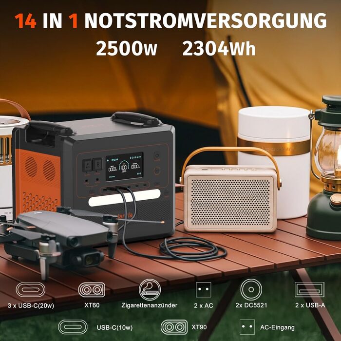 Портативна електростанція SolarPlay 2500W з сонячною панеллю 200W, LiFePO4 акумулятор 2304Wh, USB та AC порти, 12 виходів, для кемпінгу, RV, надзвичайних ситуацій