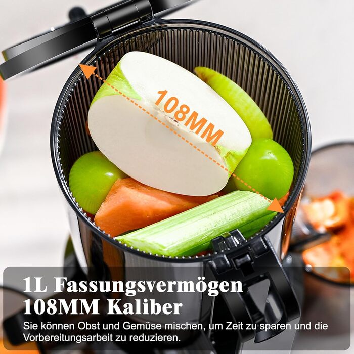 Фреш-прес Fretta: повільний соковичавник з широкою завантажувальною трубою (108 мм), 200W, 1 л, BPA-free Tritan, блакитний