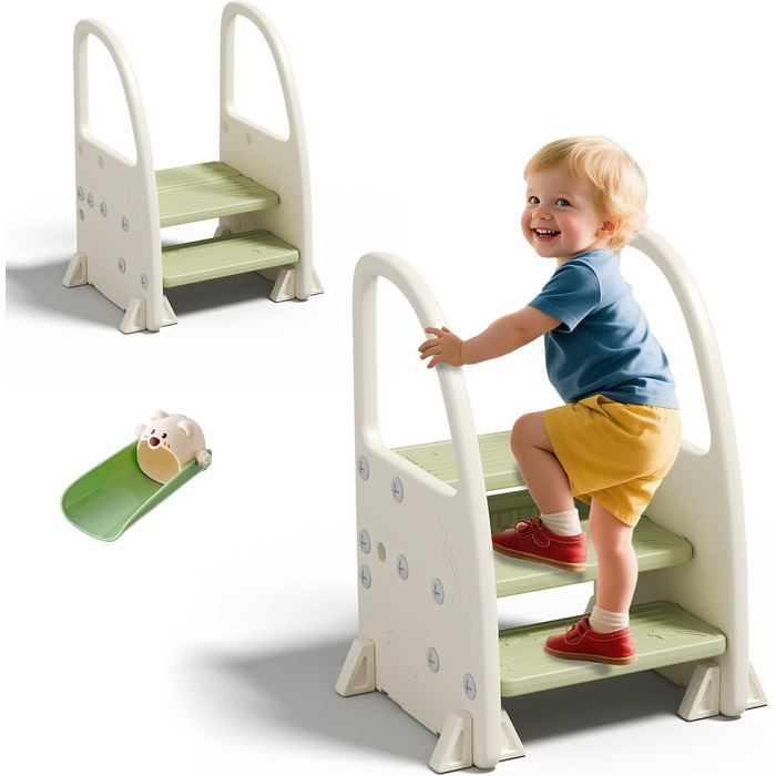 Дитячий ходунок-стілець Hoopyosms Tritthocker з ручкою, безпечний та стійкий, 2/3 сходинки для ванної, кухні та туалету (зелений)