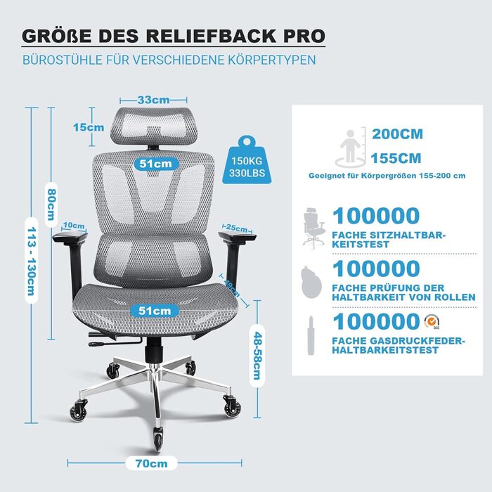 Ергономічне крісло для офісу та дому, 4D підлокітники, регулювання глибини сидіння, 4-рівневий нахил, гумові колеса, сітчасте сидіння, висока спинка, для великих людей, Homeoffice & Gaming (Сірий, сітчасте сидіння)