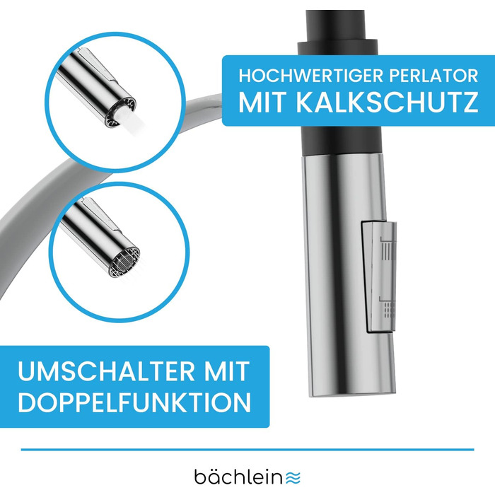 Змішувач для кухні Bchlein Nedo поворотний на 360, однією рукою, гнучка горловина, душ з кнопкою перемикання