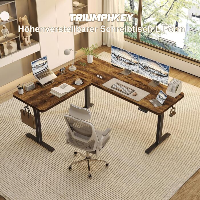 Регульований кутовий стіл 160x140 см з полицею, електропривод, коричневий