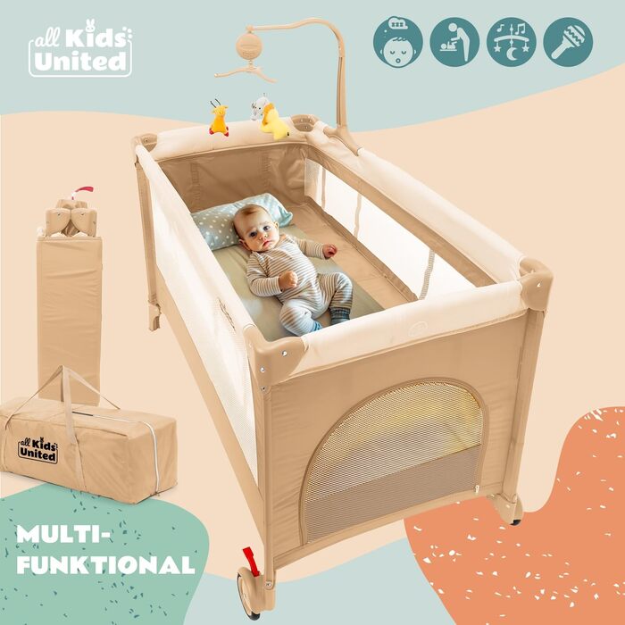 Дитяче ліжко-манежа All Kids United® для подорожей з матрацом, пеленальним столиком, музичним проигрывателем та мобілем (Бежевий)