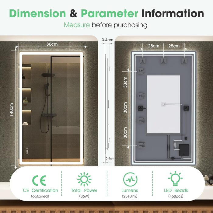 Дзеркало для ванної кімнати S'bagno Bluetooth з підсвічуванням 100x70 см, LED, протитуманне, регулювання кольору 3000K-6500K, диммування, пам'ять, HD-загартоване скло, IP44, горизонтальне/вертикальне