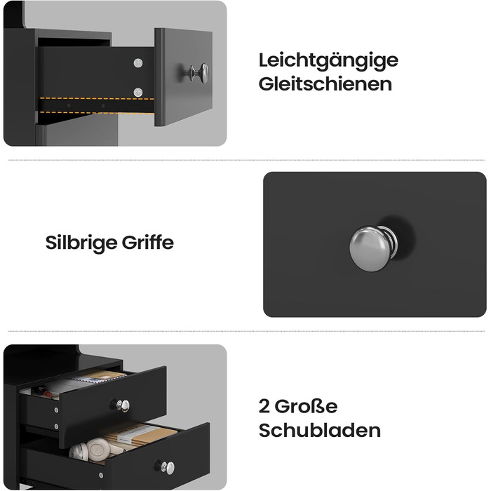 Нічний столик AOGLLATI з прихованим відділенням, розеткою та LED-підсвічуванням, 2 шухляди, висувний ящик, полиця, глянцева поверхня (40x35x59 см, чорний, 2)