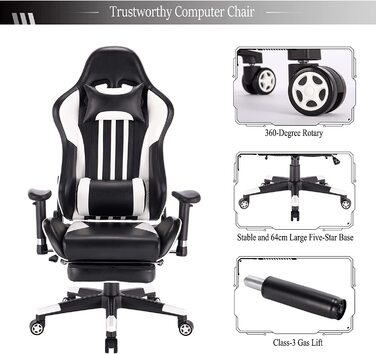 Ігрове крісло з підставкою для ніг гоночне крісло обертове офісне крісло офісне крісло стілець ПК стілець з функцією гойдання регульований по висоті штучна шкіра білий привабливий білий, 0021bgy
