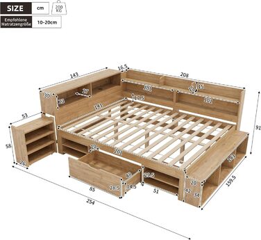 Ліжко дитяче 90x200, 140x200, з ящиками, полицями та дошкою, захистом від падіння, з ламелями, з місцем для зберігання, для підлітків, функціональне, дерев'яне ліжко, без матраца, біле