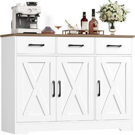 Сайдборд HOCSOK: кухонна шафа з 3 висувними ящиками та 3 дверцятами, буфет з робочою поверхнею, для кухні, їдальні, вітальні, дерево, білий & коричневий