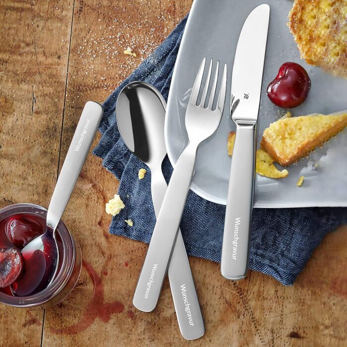 Набір дитячого столового прибору WMF Kinderbesteck з гравіюванням, 4 шт. First Lyric, для хрещення, від 4 років, індивідуальна гравіювання, подарунок для хлопчика