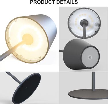 LED настільна лампа MALUX бездротова з торшевим керуванням, регулювання яскравості, тепле біле світло 2700K-4000K, метал, акумулятор, водонепроникність IP54, для саду, їдальні, спальні, робочого кабінету, балкону, готелю (темно-сірий)