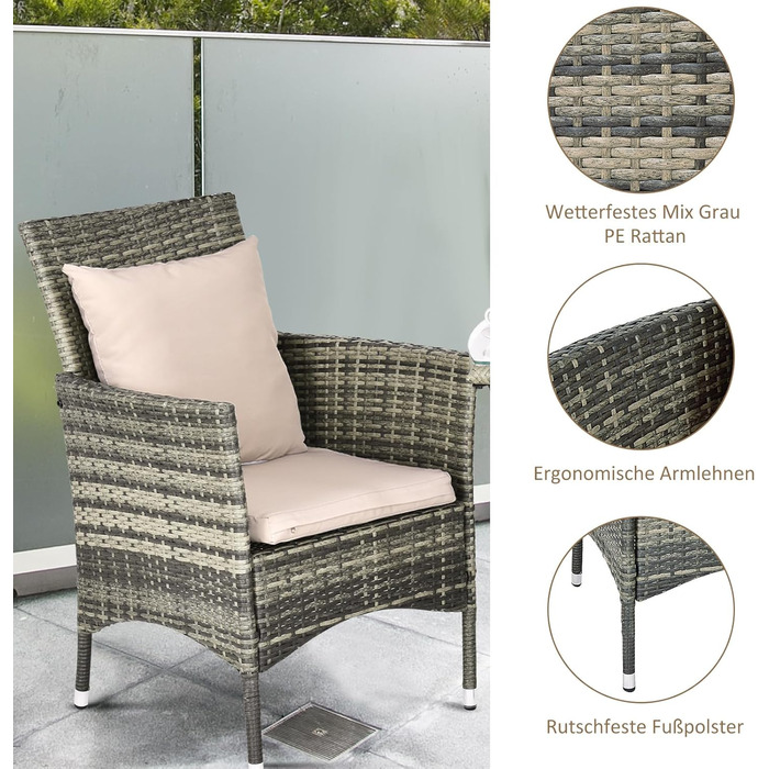 Набір садових меблів GIANTEX для балкона: стіл та 2 стільці з ротангу, комплект на 2 особи, з подушками (бежевий)