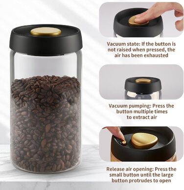 Герметичний контейнер для кави на 1,2 л зі скла, вакуумний, з чорною кришкою та золотою кнопкою. Підходить для кави, чаю, горіхів.