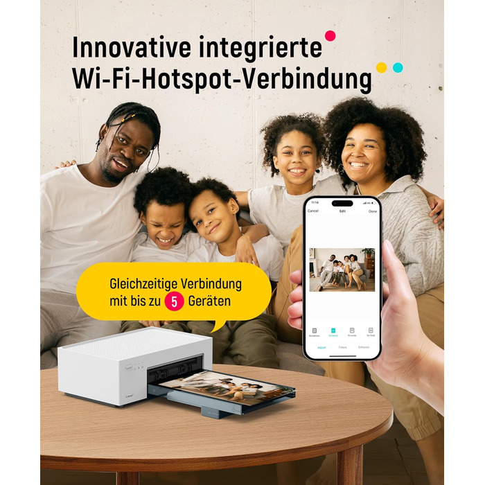 Портативний фотодрук для смартфонів Liene (10x15 см) + 2 пачки фотопаперу (20+80 листів), WiFi, сумісний з iPhone/Android/PC, 300 DPI, кольорова сублімація, білий