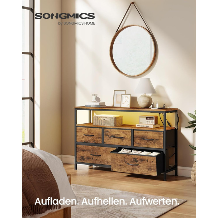SONGMICS BELLAH: Комод з LED-підсвіткою, тумба з бездроговою зарядкою, 5 шухляд, індустріальний стиль, vintage brown + ink black