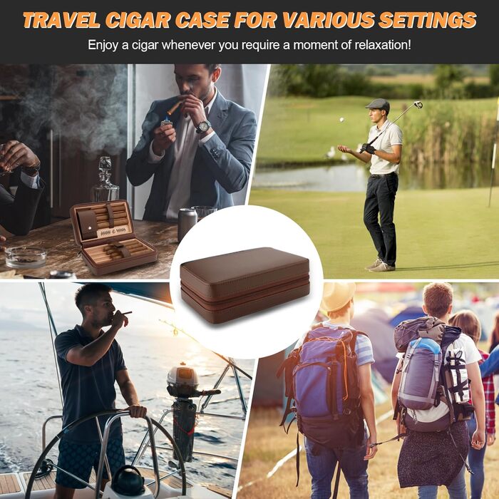 Умидник для сигар з натуральної шкіри, 5-в-1 комплект з запальничкою та вологоміром, коричневий