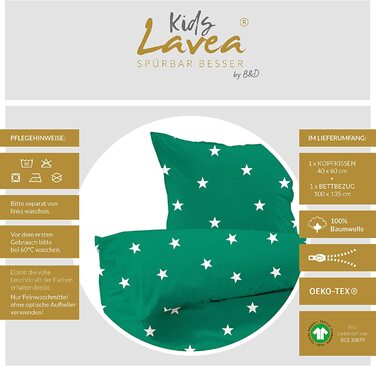 Комплект постільної білизни для малюків Lavea-Stella Kids 100 х 135 см 40 х 60 см.Дизайн Зоряний колір 100 бавовна. Висока якість із застібкою-блискавкою. Сертифікований за стандартом GOTS / Bio. (100 х 135 40 х 60 см, лісовий зелений)