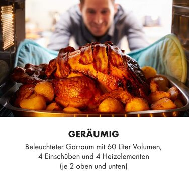 Міні-піч Klarstein Masterchef: 60 л, об'єм 60 літрів, з конвекцією, обертовим шампуром, таймером, подвійним склом, нагрівом зверху та знизу, з нержавіючої сталі, 2000 Вт, чорний колір