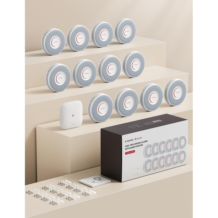 X-Sense Детектор диму з Wi-Fi, голосовим оповіщенням та 17 зонами, 33 мм, 12 шт. (з базовою станцією) Білий