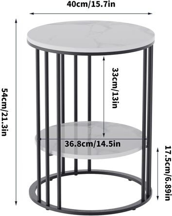 Столик FATIVO круглий мармур білий, 2 полиці, чорний залізний каркас - 404054см