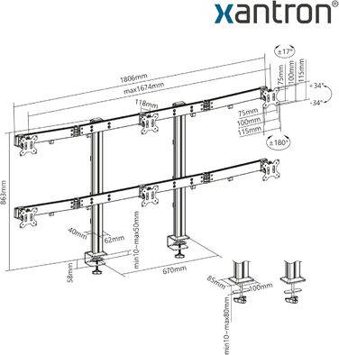 Кріплення для монітора Xantron® ECO-E62: підходить для моніторів 17-32 дюймів, VESA 75x75 & 100x100, для плоских та вигнутих моніторів, комплект з монтажним матеріалом (6 моніторів)