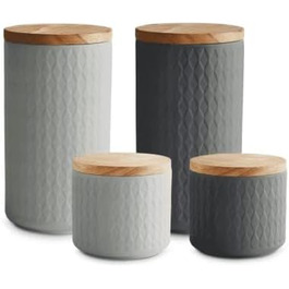 Керамічні банки для зберігання з дерев'яними кришками сірі, гумові дерев'яні кришки, ящики для зберігання, ящики для зберігання продуктів (4 шт) - Mness aptieka Set (сірий)
