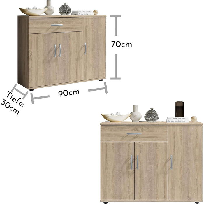 Комод Stella Trading LILLY Sonoma Oak - сучасний сервант, багато місця для зберігання, 90x70x30 см, 1 шухляда