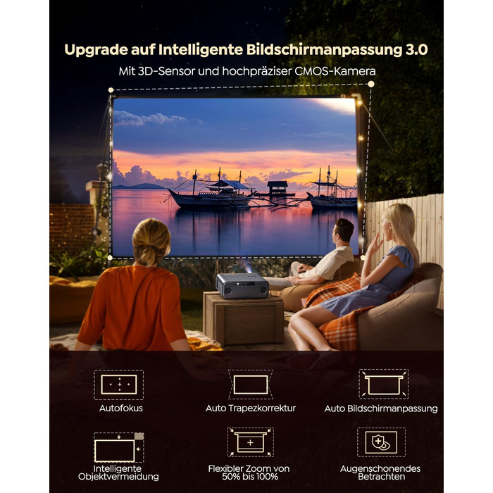 Проектор WiMiUS 1100 ANSI з 4K, Dolby Audio, WiFi 6, Bluetooth та Автофокусом для Домашнього Кінотеатру та Відкритих Подій (Android/iPhone)