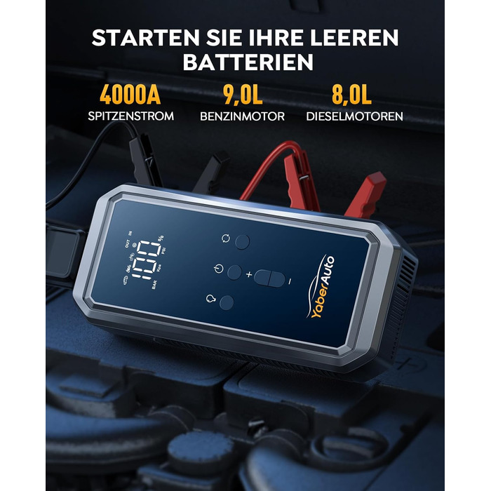 Портативний пусковий пристрій YaberAuto YA70 з компресором 150 PSI, Powerbank 21800mAh, ліхтарик 300 Lumen, LCD екран