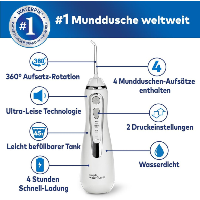 Waterpik Advanced Бездротова Іригатор для Рота, Іригатор для Рота з Преміум-Якістю, 4 Насадки, 3 Режими, Білий