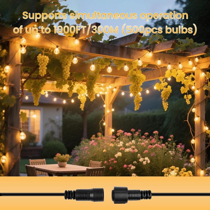 Льо́нточна гiрля́нда для зовнiшнього використання 30м, 50+2 лампочки G40, тепле бiле свiтло, IP45, для терас, вечiрiнок, саду та балкону, стиль Едiсона, з'єднувальна, чорний колір