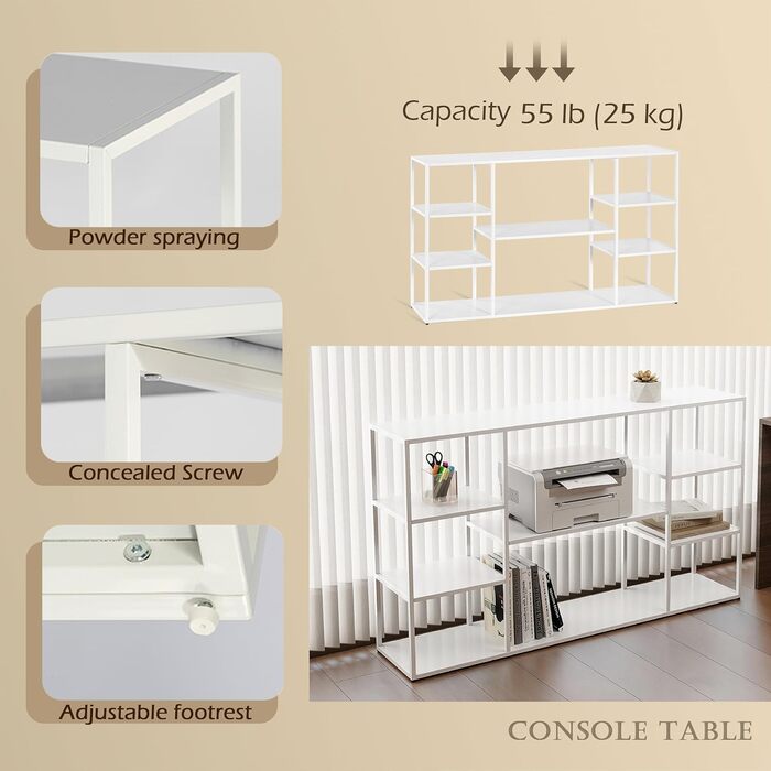 Консольний столик HDANI 120 см з полицями для дому, 140 x 30 x 80 см (білий)