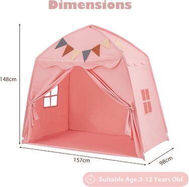Дитяче намет-будиночок HOMASIS для гри в приміщенні, рожевий: зі світлячками, килимком, вікнами та фіранками