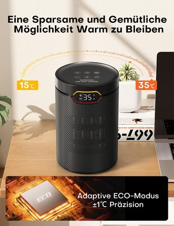Електричний обігрівач QEXREED 1500W з PTC, ECO-режимом, 4 режими нагріву, вентилятором, термостатом, таймером, пультом керування, захистом від перегріву та перекидання, портативний та тихий, для дому та офісу