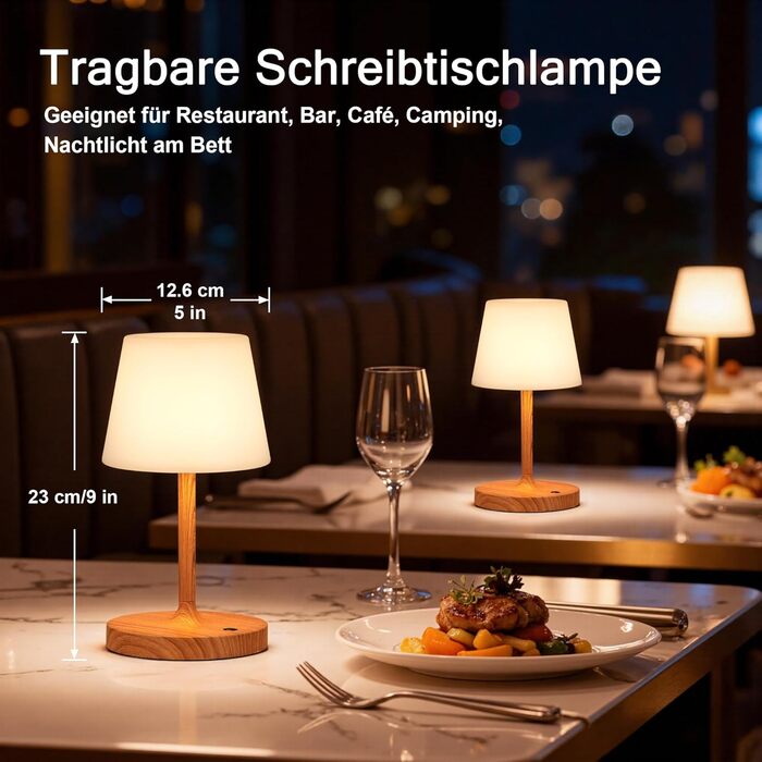 LED настільна лампа бездротова з сенсорним керуванням, регульоване світло, функція пам'яті, для спальні, кафе, відпочинку на природі, з текстурою дерева